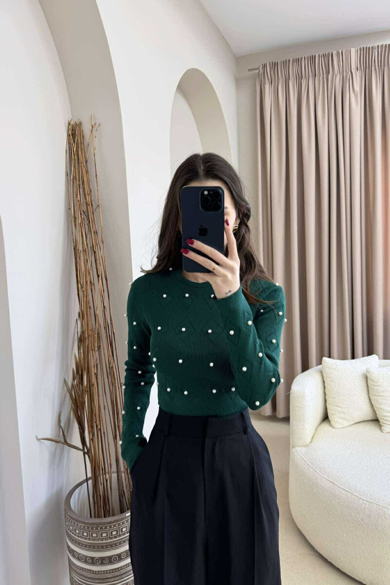 PEARL DETAILS ROUND NECK WOMEN SWEATER DARK GREEN/JEE - 6