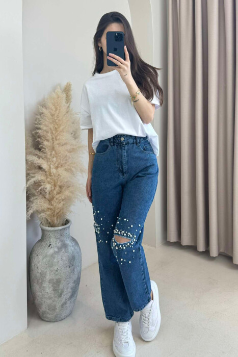 PEARL DETAILS WIDE LEG WOMEN JEANS BLUE/BLU - 1