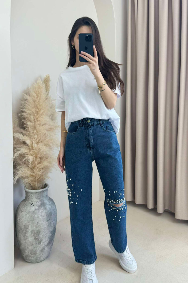 PEARL DETAILS WIDE LEG WOMEN JEANS BLUE/BLU - 2