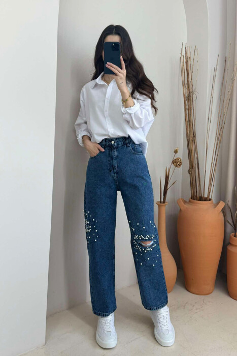 PEARL DETAILS WIDE LEG WOMEN JEANS LIGHTBLUE/BZ 