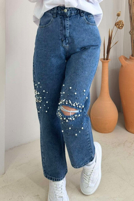 PEARL DETAILS WIDE LEG WOMEN JEANS LIGHTBLUE/BZ - 6
