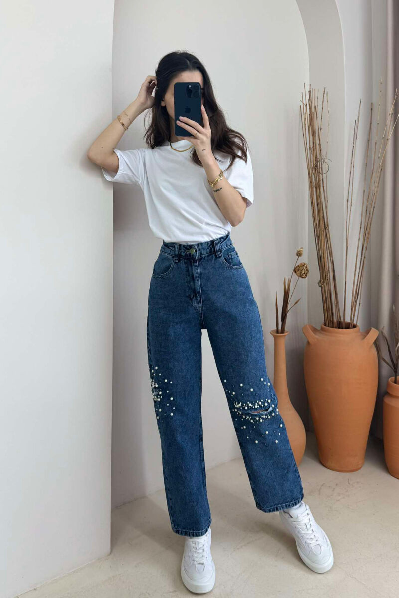 PEARL DETAILS WIDE LEG WOMEN JEANS LIGHTBLUE/BZ - 10