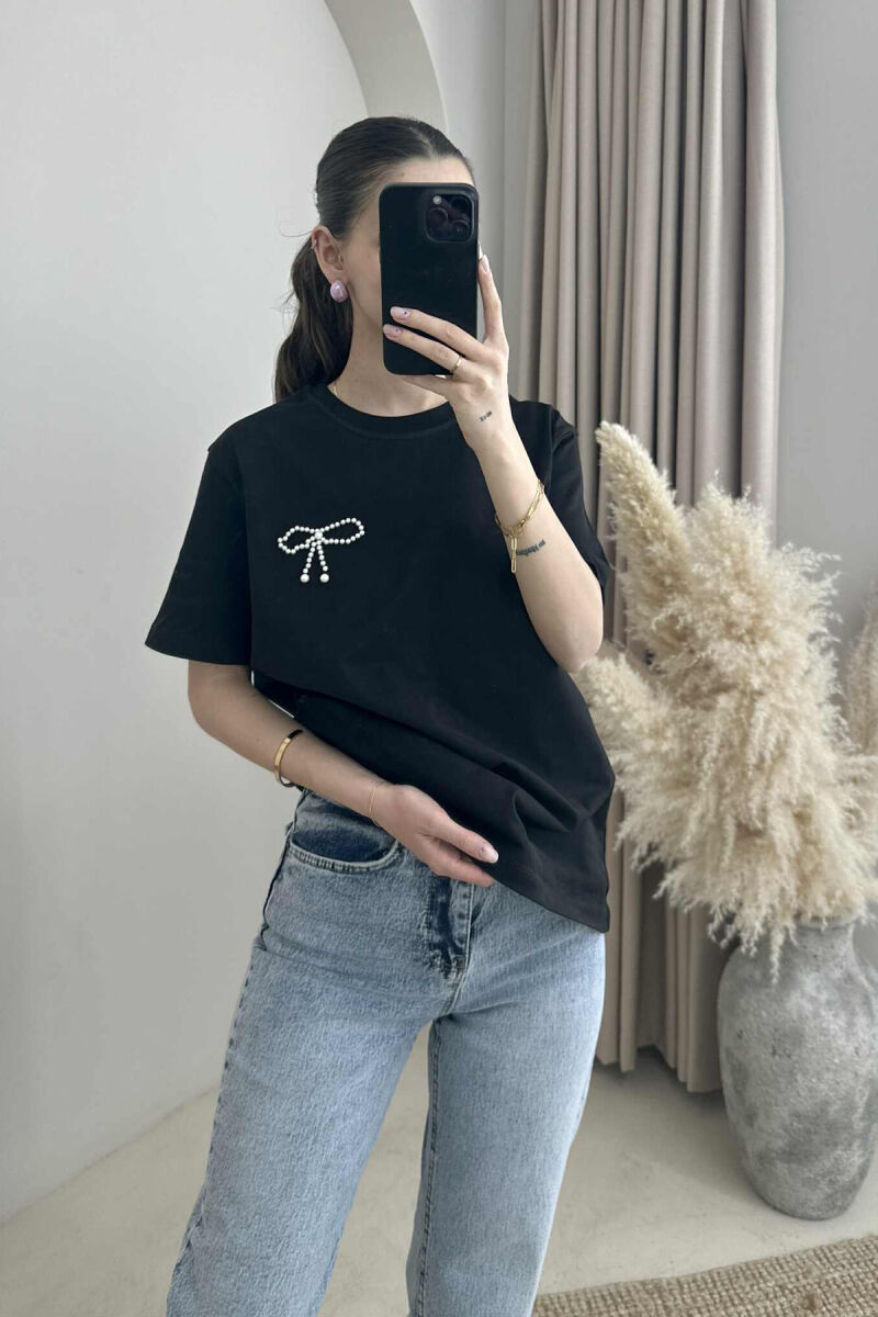 PEARL RIBBON DETAIL SIMPLE WOMEN T-SHIRT BLACK/ E ZEZE - 1