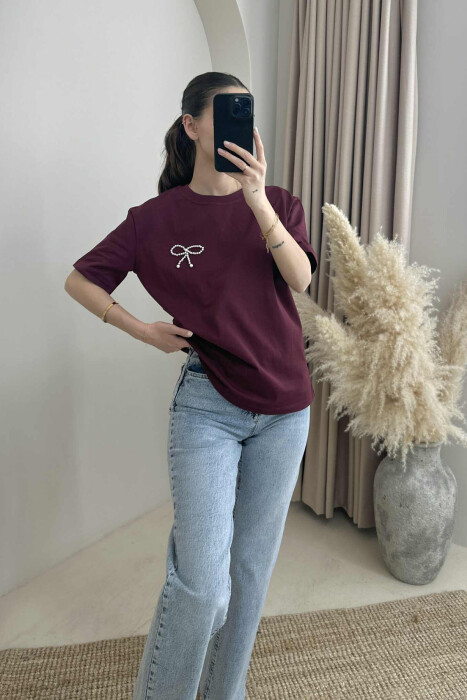 PEARL RIBBON DETAIL SIMPLE WOMEN T-SHIRT BURGUNDY/VISHNJE 