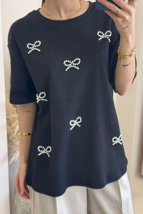 PEARL RIBBON DETAILS SIMPLE WOMEN T-SHIRT IN BLACK COLOR 