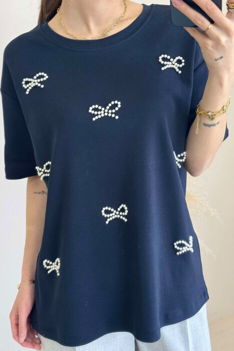 PEARL RIBBON DETAILS SIMPLE WOMEN T-SHIRT IN DARK BLUE COLOR 