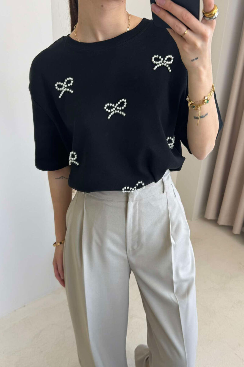 PEARL RIBBON DETAILS SIMPLE WOMEN T-SHIRT IN BLACK COLOR - 2