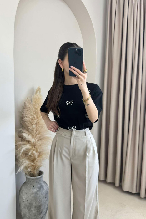 PEARL RIBBON DETAILS SIMPLE WOMEN T-SHIRT IN BLACK COLOR - 3