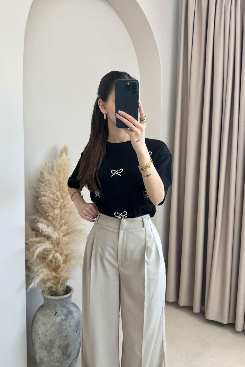 PEARL RIBBON DETAILS SIMPLE WOMEN T-SHIRT IN BLACK COLOR - 3