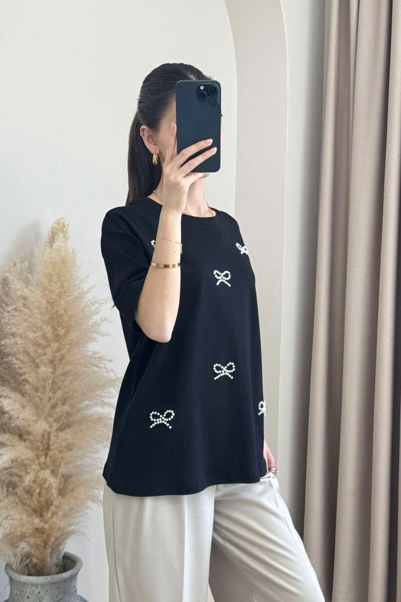 PEARL RIBBON DETAILS SIMPLE WOMEN T-SHIRT IN BLACK COLOR - 4