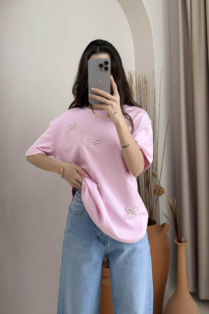 PEARL RIBBON DETAILS SIMPLE WOMEN T-SHIRT IN PINK COLOR - 1