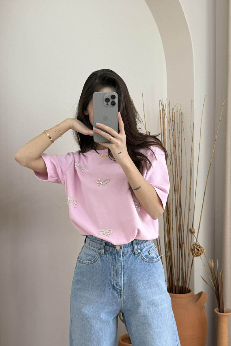 PEARL RIBBON DETAILS SIMPLE WOMEN T-SHIRT IN PINK COLOR - 2