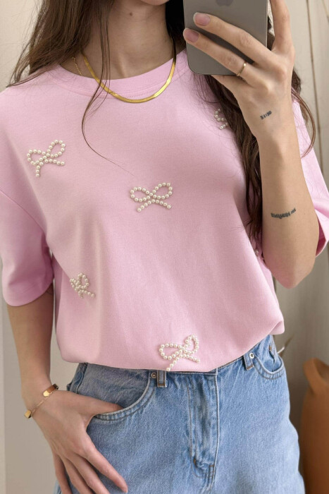 PEARL RIBBON DETAILS SIMPLE WOMEN T-SHIRT IN PINK COLOR - 3