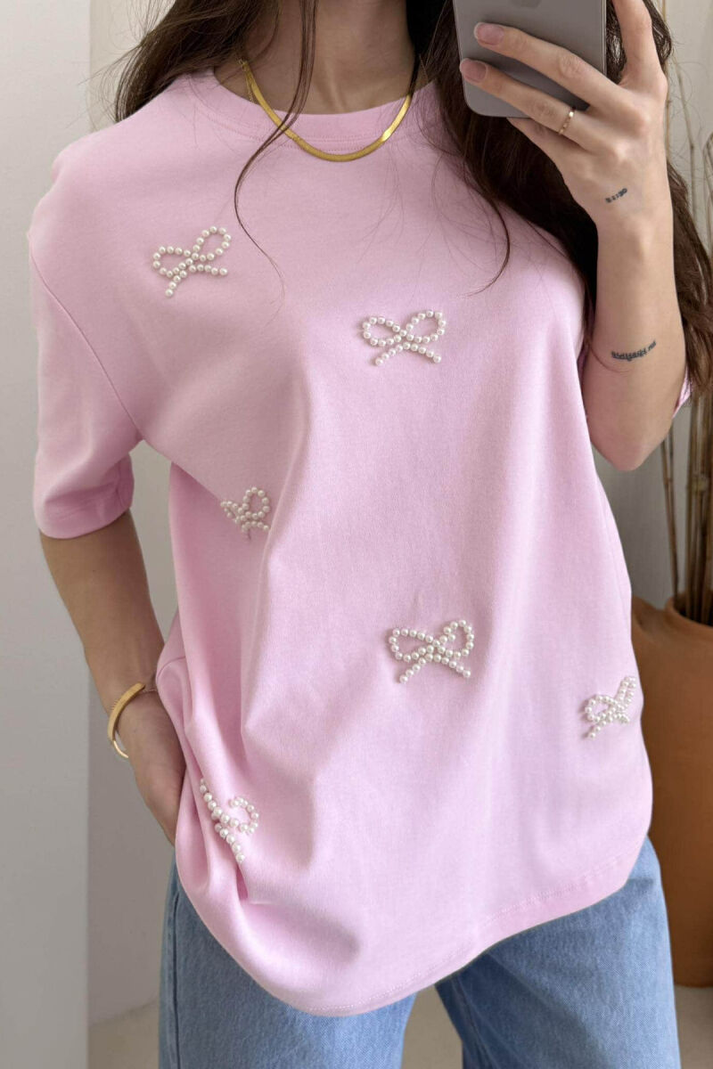 PEARL RIBBON DETAILS SIMPLE WOMEN T-SHIRT IN PINK COLOR - 4