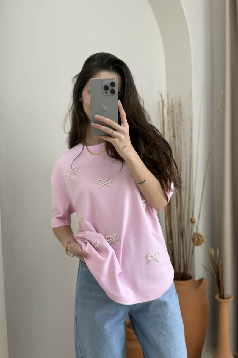 PEARL RIBBON DETAILS SIMPLE WOMEN T-SHIRT IN PINK COLOR - 5