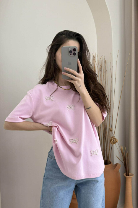 PEARL RIBBON DETAILS SIMPLE WOMEN T-SHIRT IN PINK COLOR - 6