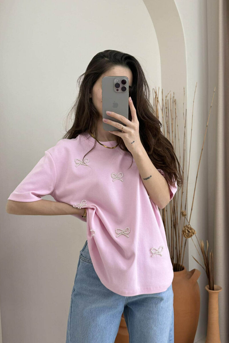PEARL RIBBON DETAILS SIMPLE WOMEN T-SHIRT IN PINK COLOR - 6