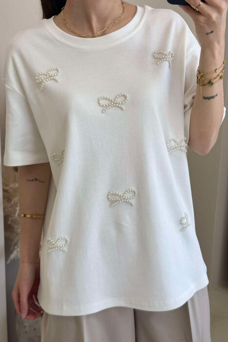 PEARL RIBBON DETAILS SIMPLE WOMEN T-SHIRT IN WHITE COLOR - 1