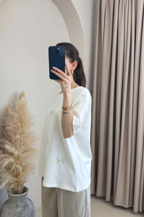 PEARL RIBBON DETAILS SIMPLE WOMEN T-SHIRT IN WHITE COLOR - 2