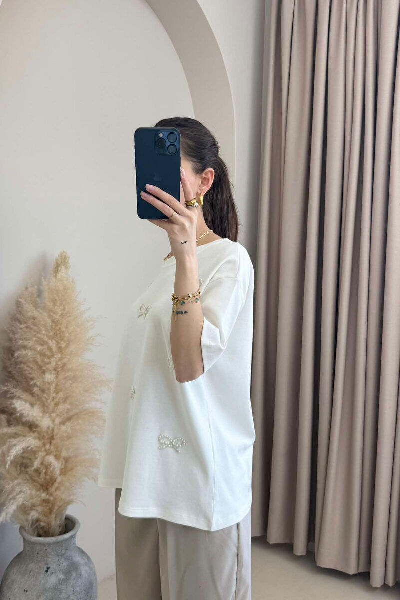PEARL RIBBON DETAILS SIMPLE WOMEN T-SHIRT IN WHITE COLOR - 2