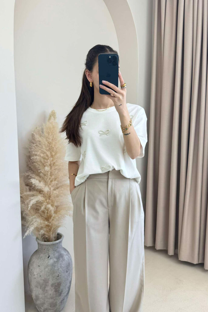 PEARL RIBBON DETAILS SIMPLE WOMEN T-SHIRT IN WHITE COLOR - 3