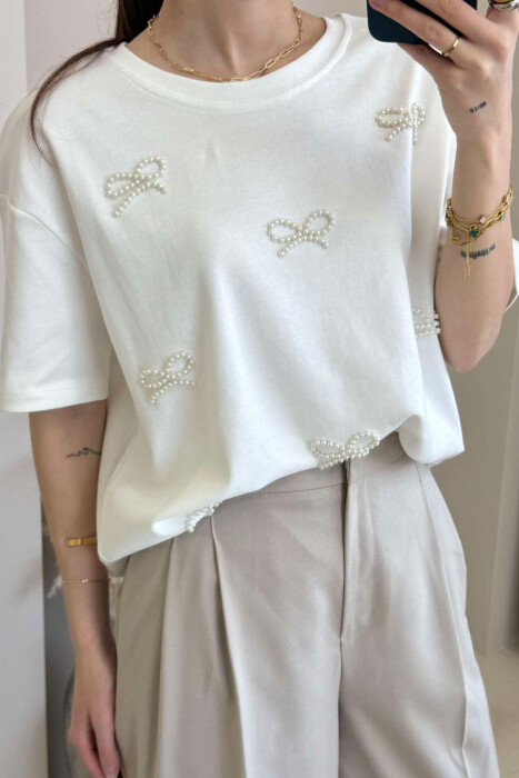 PEARL RIBBON DETAILS SIMPLE WOMEN T-SHIRT IN WHITE COLOR - 4