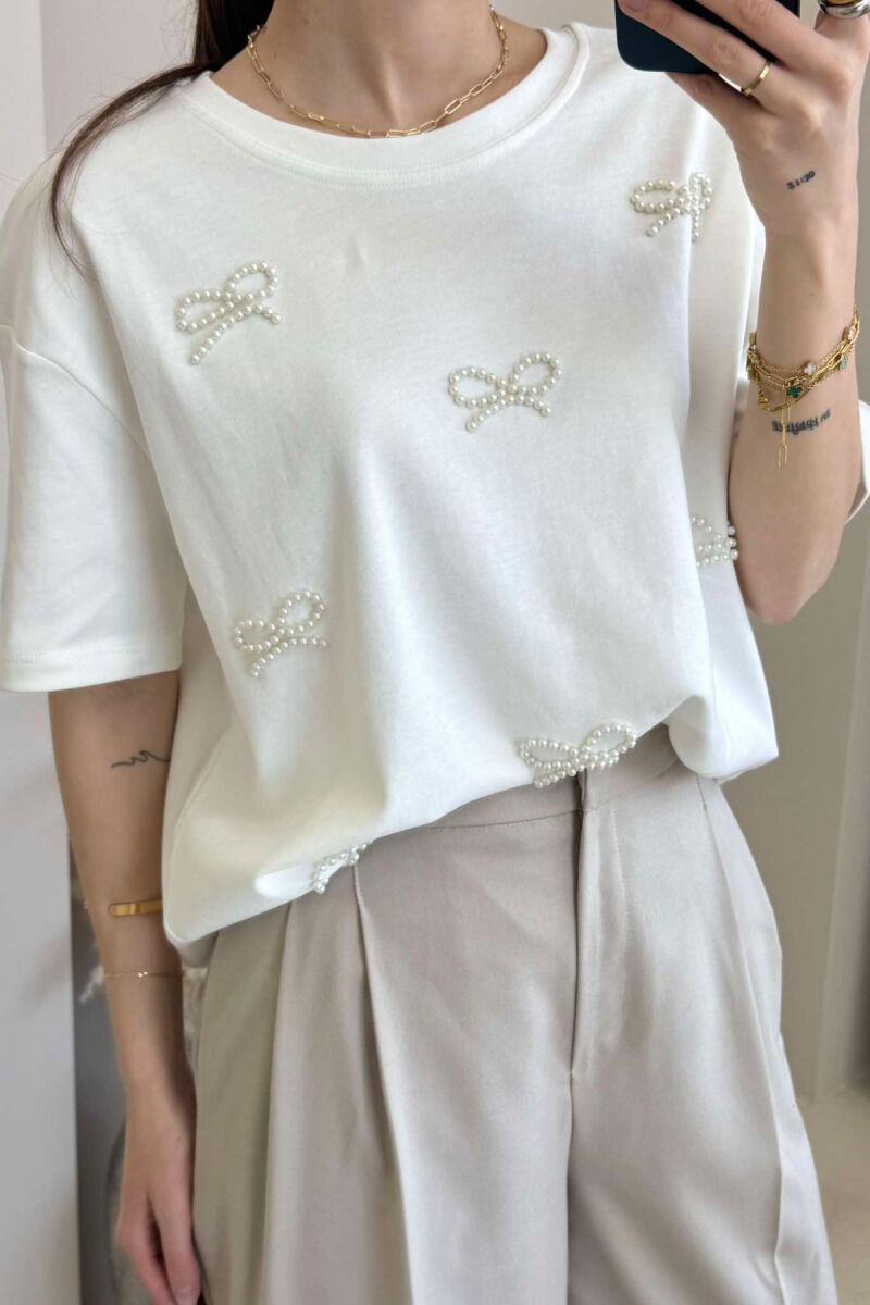 PEARL RIBBON DETAILS SIMPLE WOMEN T-SHIRT IN WHITE COLOR - 4