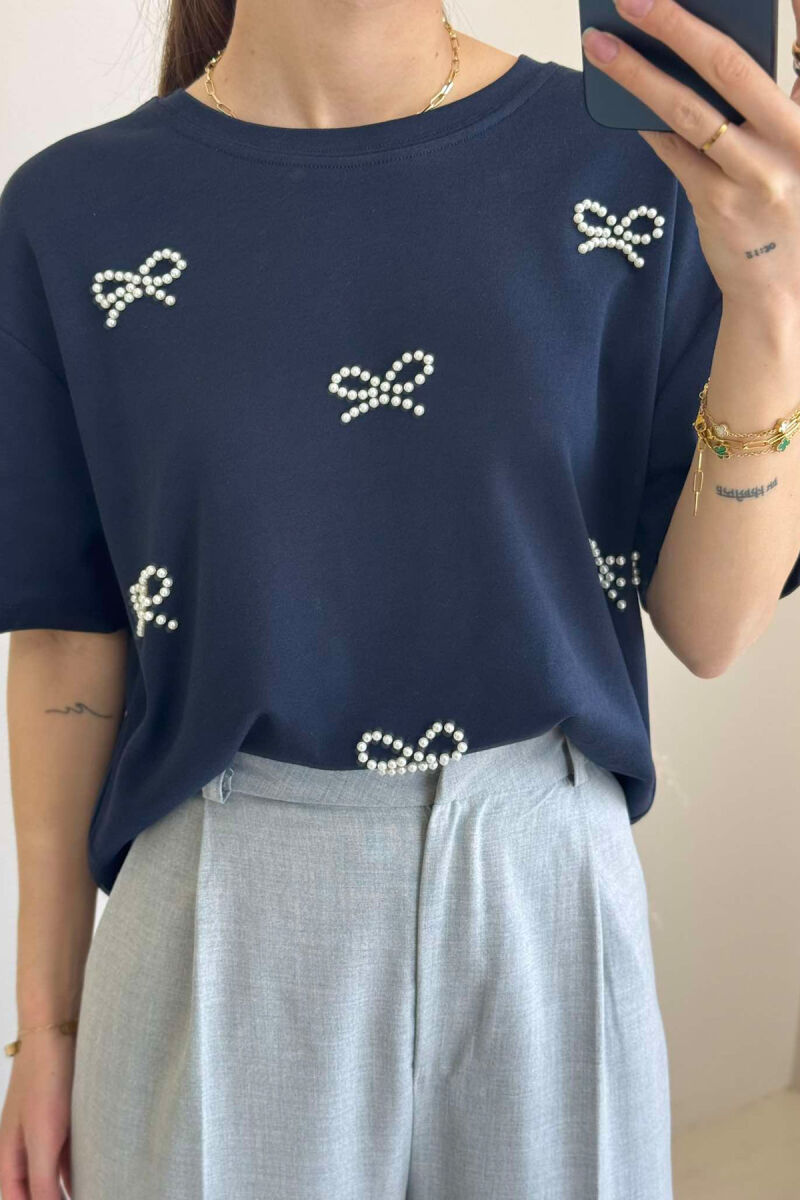 PEARL RIBBON DETAILS SIMPLE WOMEN T-SHIRT IN DARK BLUE COLOR - 2