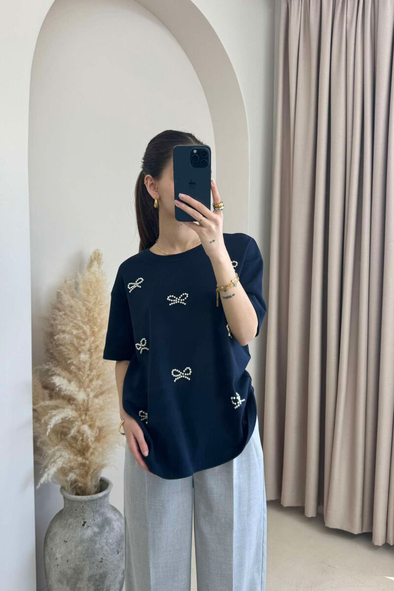 PEARL RIBBON DETAILS SIMPLE WOMEN T-SHIRT IN DARK BLUE COLOR - 3