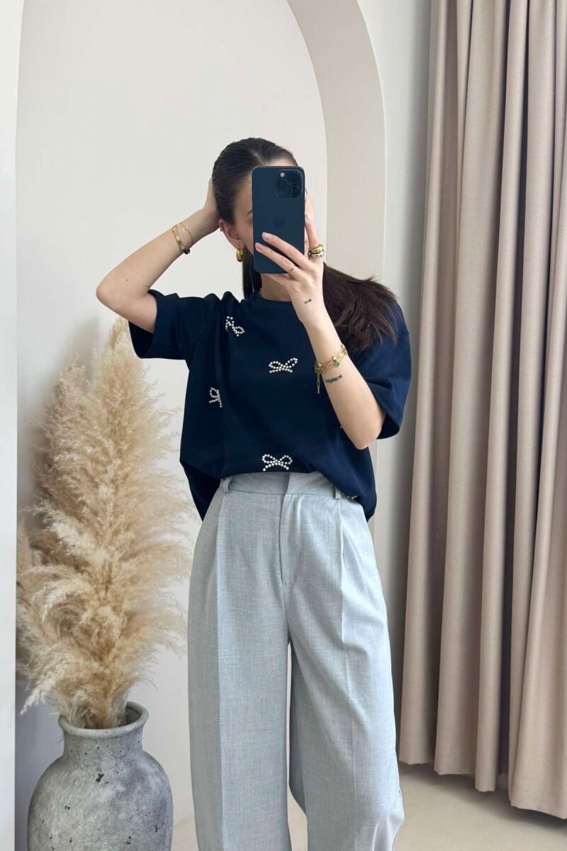 PEARL RIBBON DETAILS SIMPLE WOMEN T-SHIRT IN DARK BLUE COLOR - 4