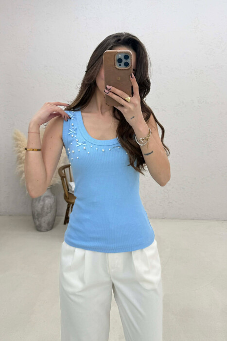 PEARLS RIBBON DETAILS WOMAN TANK TOP LIGHTBLUE/BZ 