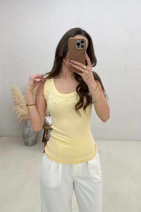 PEARLS RIBBON DETAILS WOMAN TANK TOP YELLOW/E VERDHE 