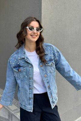 PEARLS STONES DENIM WOMAN JACKET LIGHTBLUE/BZ 