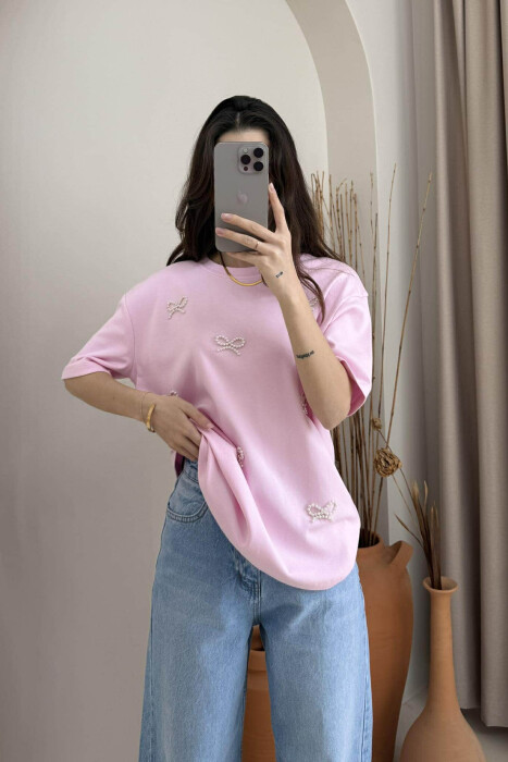 PEARL RIBBON DETAILS SIMPLE WOMEN T-SHIRT IN PINK COLOR 