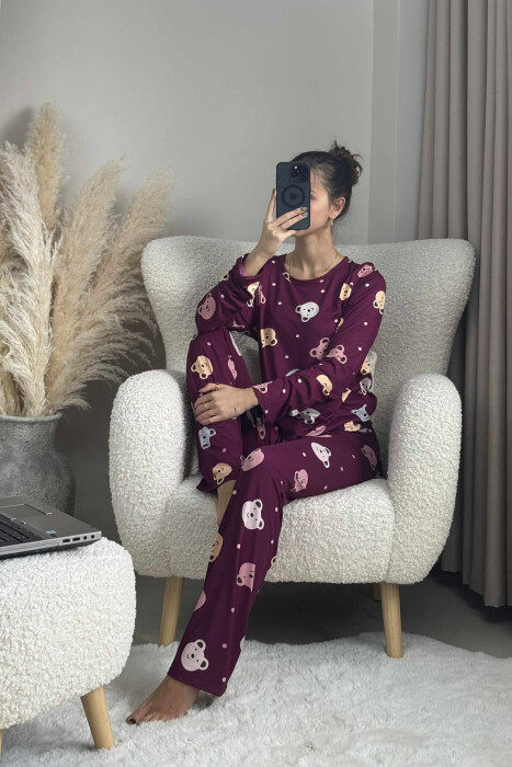 PIZHAMA BLUZË ME DIZJAN ME ARUSH+PANTALLONA PËR FEMRA NË NGJYRË VISHNJË TË ERRËT - 3