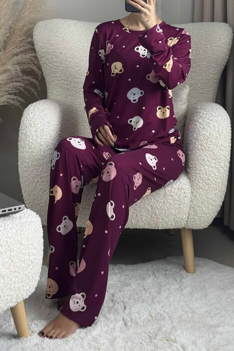 PIZHAMA BLUZË ME DIZJAN ME ARUSH+PANTALLONA PËR FEMRA NË NGJYRË VISHNJË TË ERRËT - 4