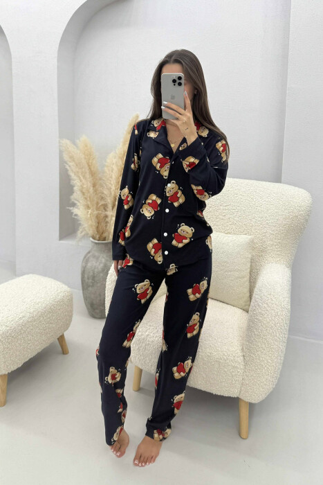 PIZHAMA ME DIZAJN ARUSH BLUZË+PANTALLONA PËR FEMRA NË NGJYRË BLU TË ERRËT - 2