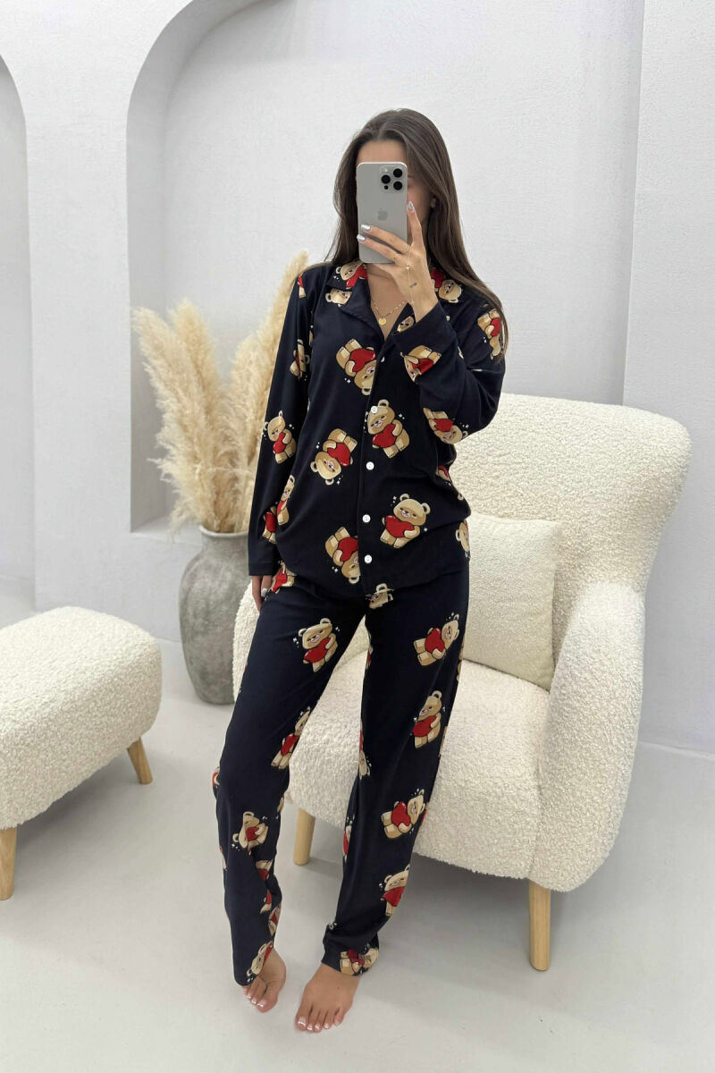 PIZHAMA ME DIZAJN ARUSH BLUZË+PANTALLONA PËR FEMRA NË NGJYRË BLU TË ERRËT - 2