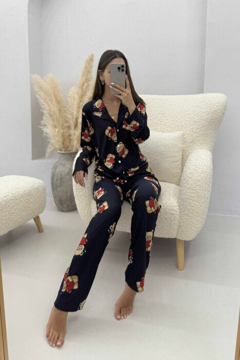 PIZHAMA ME DIZAJN ARUSH BLUZË+PANTALLONA PËR FEMRA NË NGJYRË BLU TË ERRËT - 3