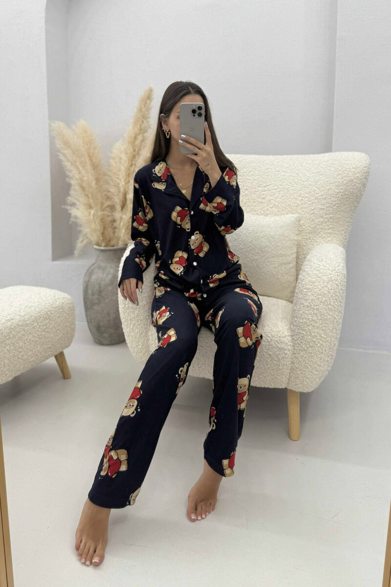 PIZHAMA ME DIZAJN ARUSH BLUZË+PANTALLONA PËR FEMRA NË NGJYRË BLU TË ERRËT - 3