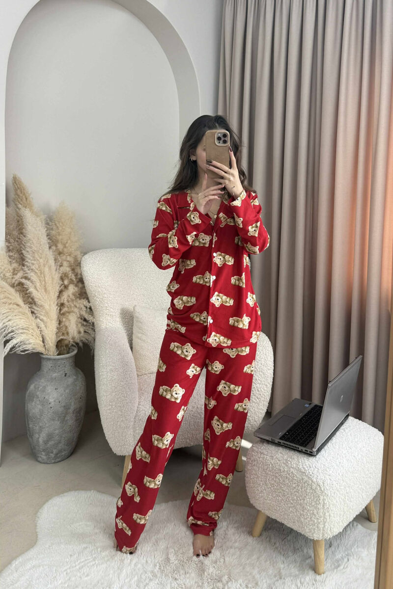 PIZHAMA ME DIZAJN ME ARUSH KEMISHE+PANTALLONA PËR FEMRA NË NGJYRË TË KUQE - 2