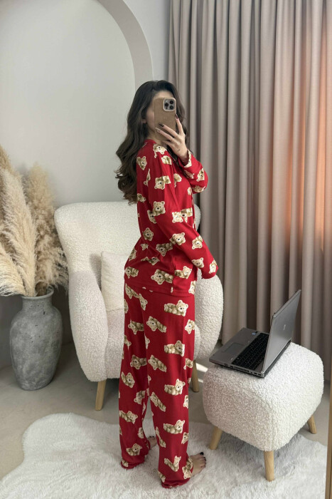PIZHAMA ME DIZAJN ME ARUSH KEMISHE+PANTALLONA PËR FEMRA NË NGJYRË TË KUQE - 3