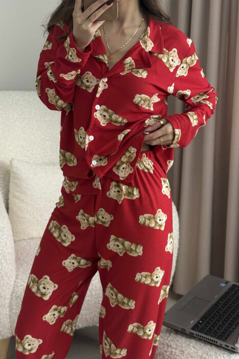 PIZHAMA ME DIZAJN ME ARUSH KEMISHE+PANTALLONA PËR FEMRA NË NGJYRË TË KUQE - 4