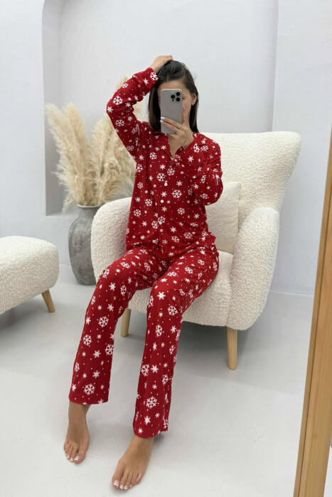 PIZHAMA ME DIZAJN FLOKËBORE BLUZË+PANTALLONA PËR FEMRA NË NGJYRË TË KUQE - 3