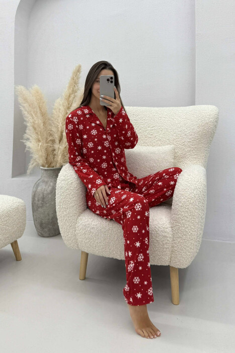 PIZHAMA ME DIZAJN FLOKËBORE BLUZË+PANTALLONA PËR FEMRA NË NGJYRË TË KUQE - 4