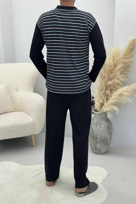 PIZHAME BLUZË ME DIZAJN ME VIJA DHE BUTONA+TUTA PËR MESHKUJ NË NGJYRË BLU TË ERRËT - 2