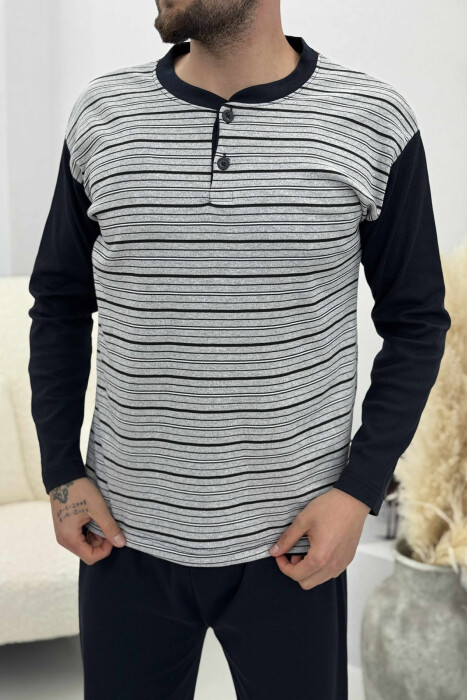 PIZHAME BLUZË ME DIZAJN ME VIJA DHE BUTONA+TUTA PËR MESHKUJ NË NGJYRË GRI - 2