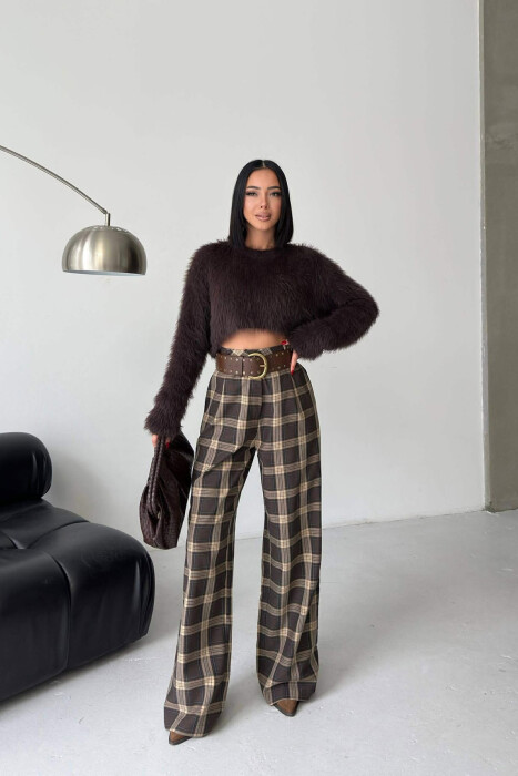 PLAID DESIGN WIDE LEG WOMAN TROUSERS BROWN/KAFE - KLAUDIO FASHION