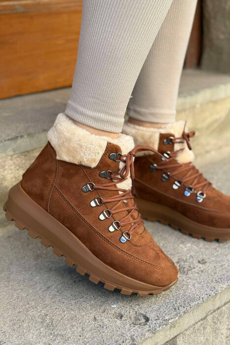 PLATFORM FLUFFY NECK WOMEN BOOTS BROWN/KAFE - KLAUDIO FASHION