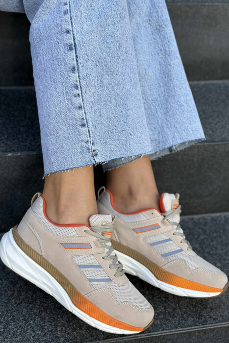 PLATFORM LACING RUNNING WOMEN SNEAKERS BEIGE+ORANGE/BZHPO - KLAUDIO FASHION